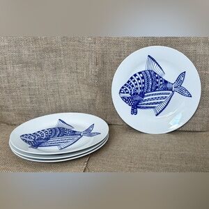 White Blue Fish Plates 8 Inches Set Of 4 Kitsch Coastal Grandma Ocean Nautical